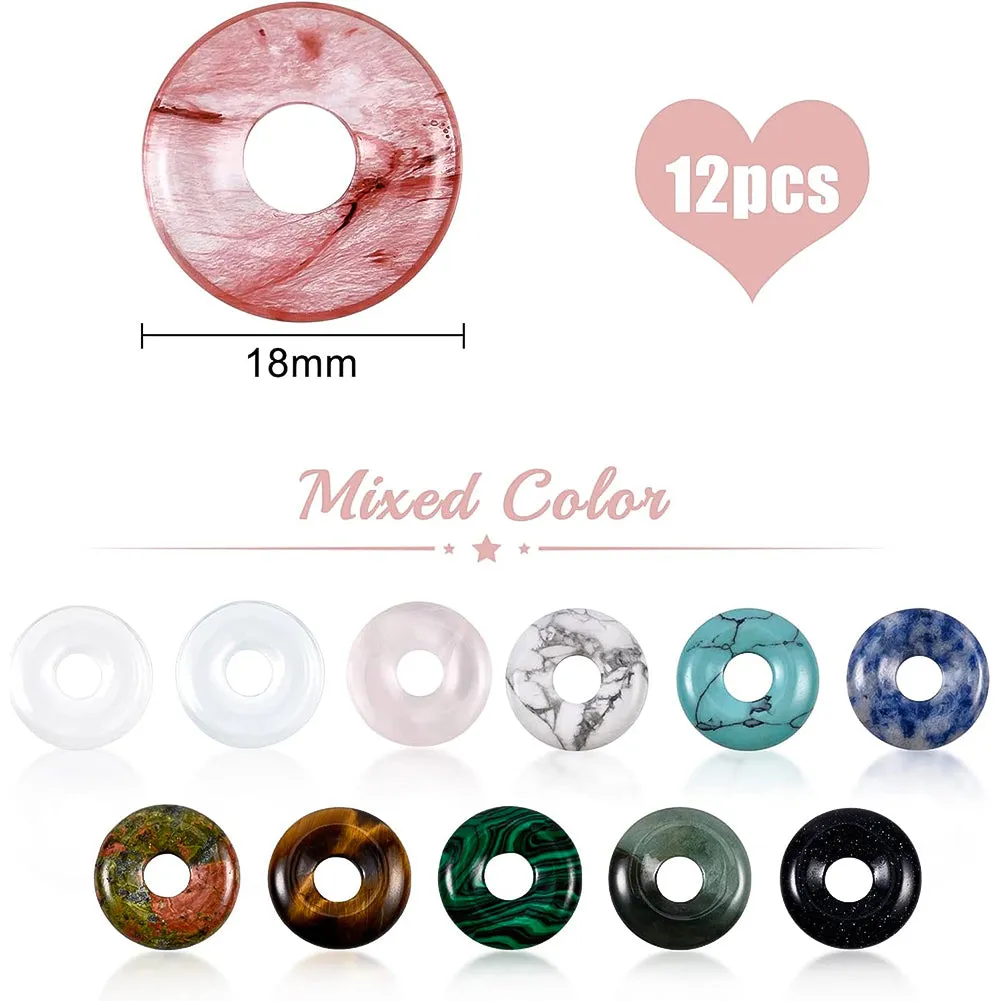 12Pcs 12 Style Natural & Synthetic Gemstone Charms, Donut/Pi Disc, 18x4.5~5.5mm, Hole: 5.5mm, 1pc/style
