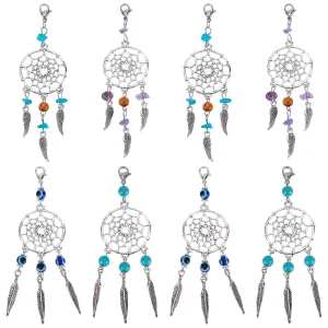 16Pcs 4 Styles Alloy Pendant Decorations, Woven Net/Web with Feather Charm, with Gemstone/Resin Beads and Brass Lobster Claw Clasps, Antique Silver and Platinum, 85.5~98mm, 4pcs/style