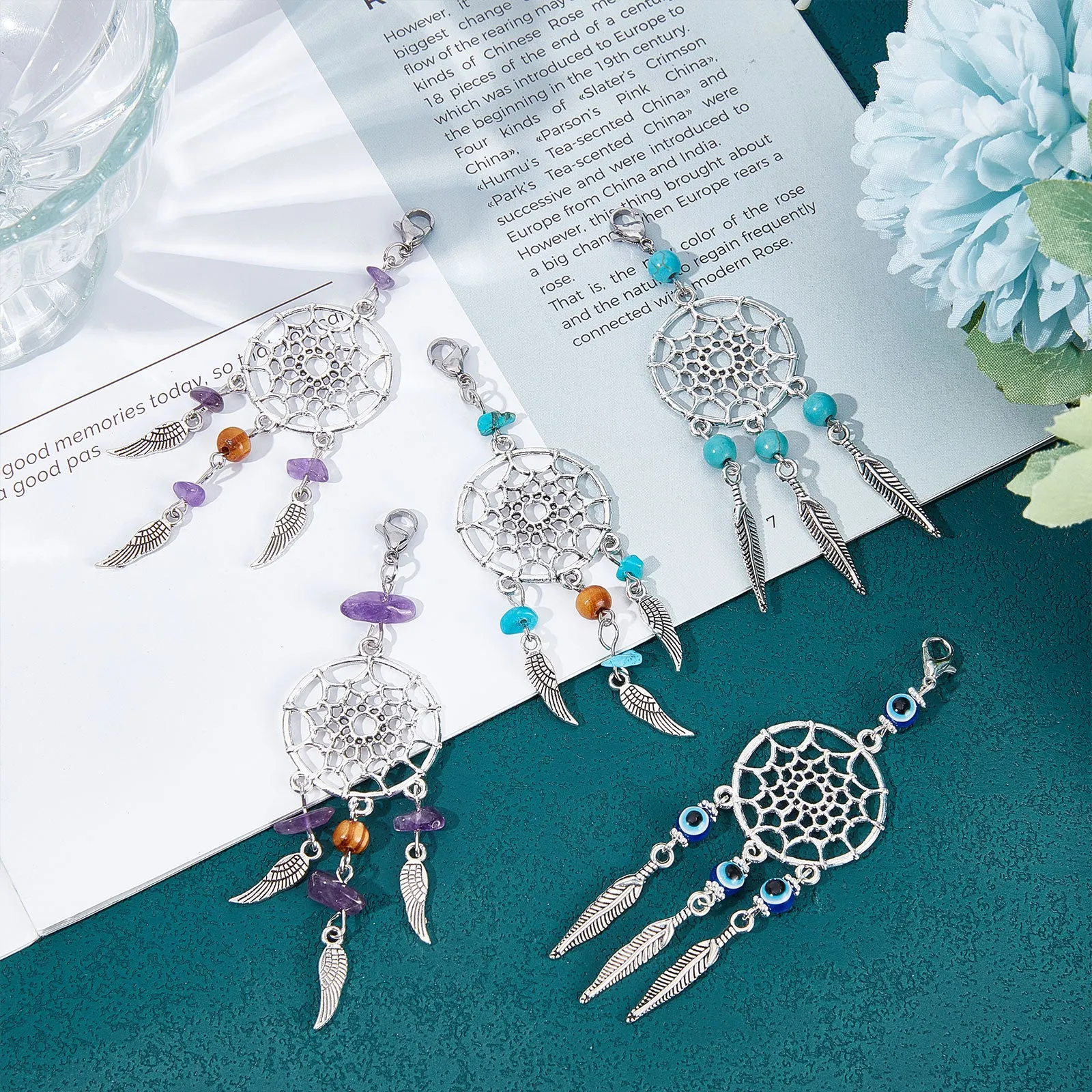 16Pcs 4 Styles Alloy Pendant Decorations, Woven Net/Web with Feather Charm, with Gemstone/Resin Beads and Brass Lobster Claw Clasps, Antique Silver and Platinum, 85.5~98mm, 4pcs/style