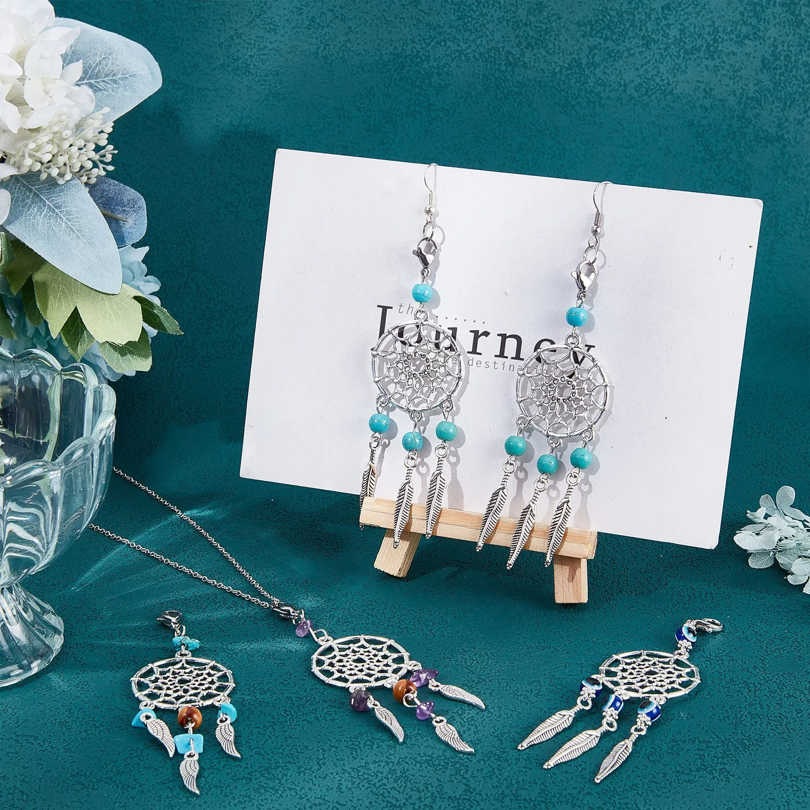 16Pcs 4 Styles Alloy Pendant Decorations, Woven Net/Web with Feather Charm, with Gemstone/Resin Beads and Brass Lobster Claw Clasps, Antique Silver and Platinum, 85.5~98mm, 4pcs/style