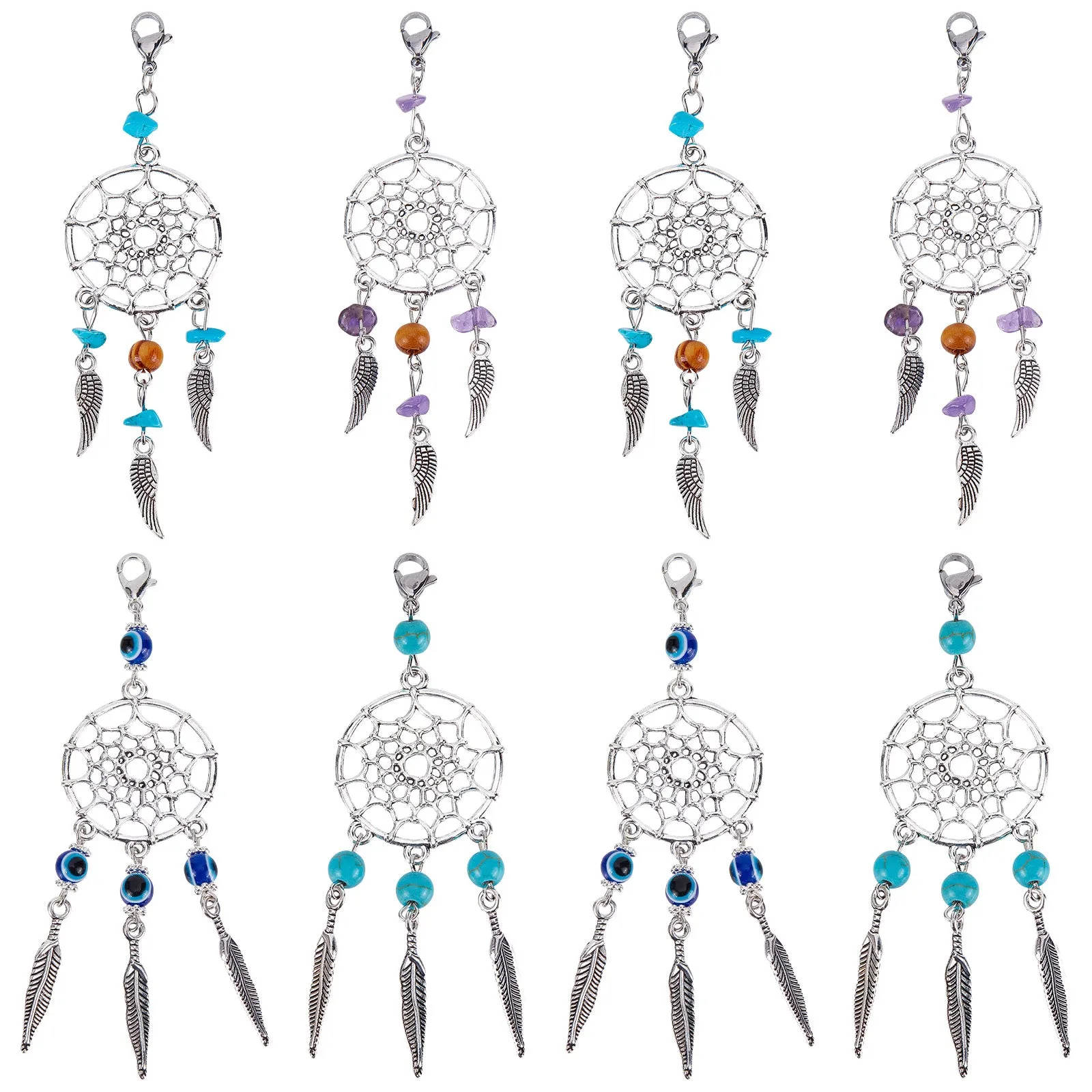 16Pcs 4 Styles Alloy Pendant Decorations, Woven Net/Web with Feather Charm, with Gemstone/Resin Beads and Brass Lobster Claw Clasps, Antique Silver and Platinum, 85.5~98mm, 4pcs/style