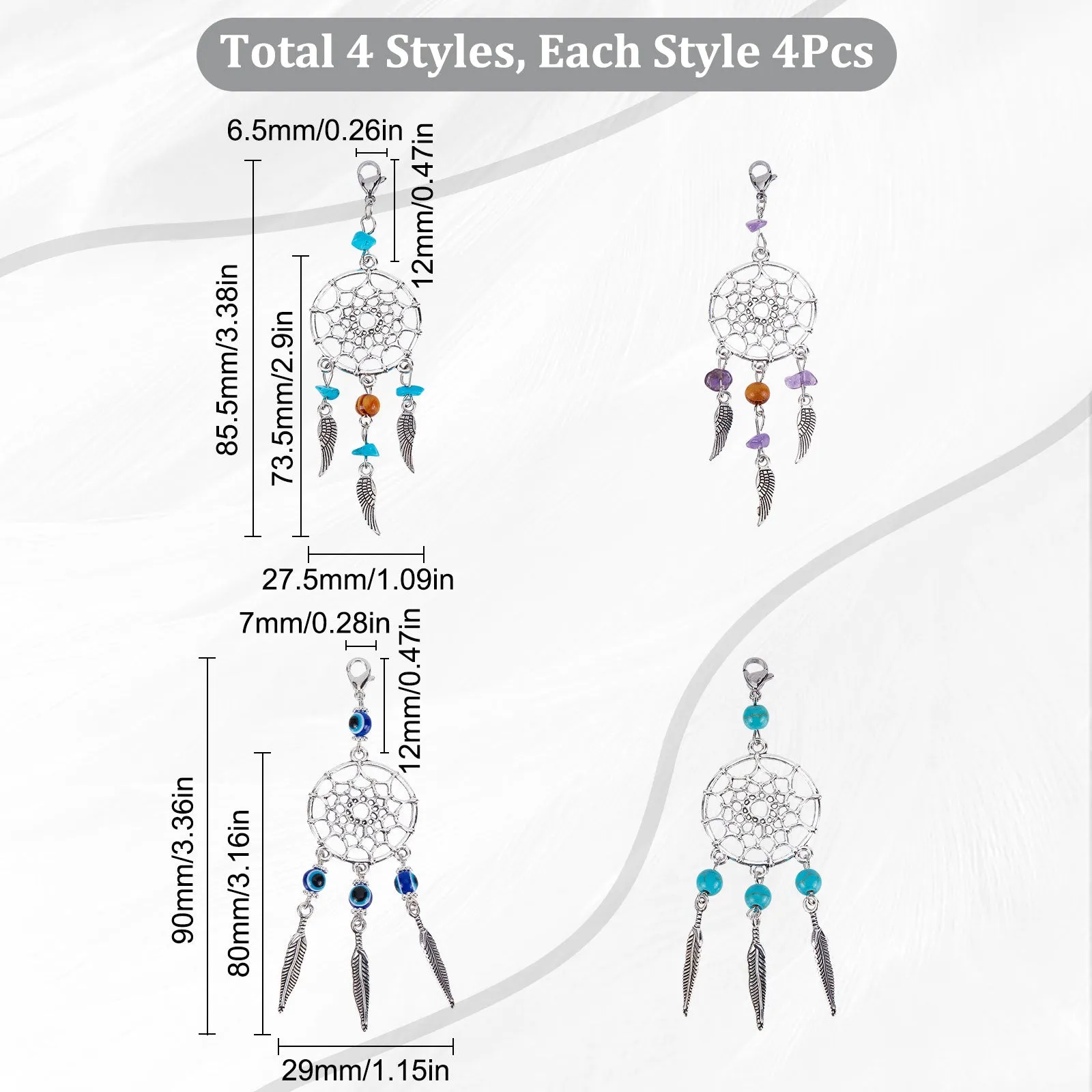 16Pcs 4 Styles Alloy Pendant Decorations, Woven Net/Web with Feather Charm, with Gemstone/Resin Beads and Brass Lobster Claw Clasps, Antique Silver and Platinum, 85.5~98mm, 4pcs/style