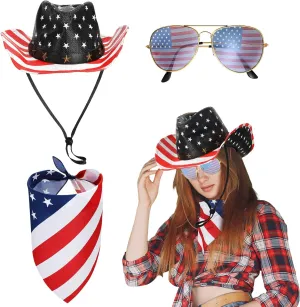 3 Pcs American Flag Cowboy Hat with Bandana and Glasses Outdoor USA Hats with Strap Western Party Memorial Day