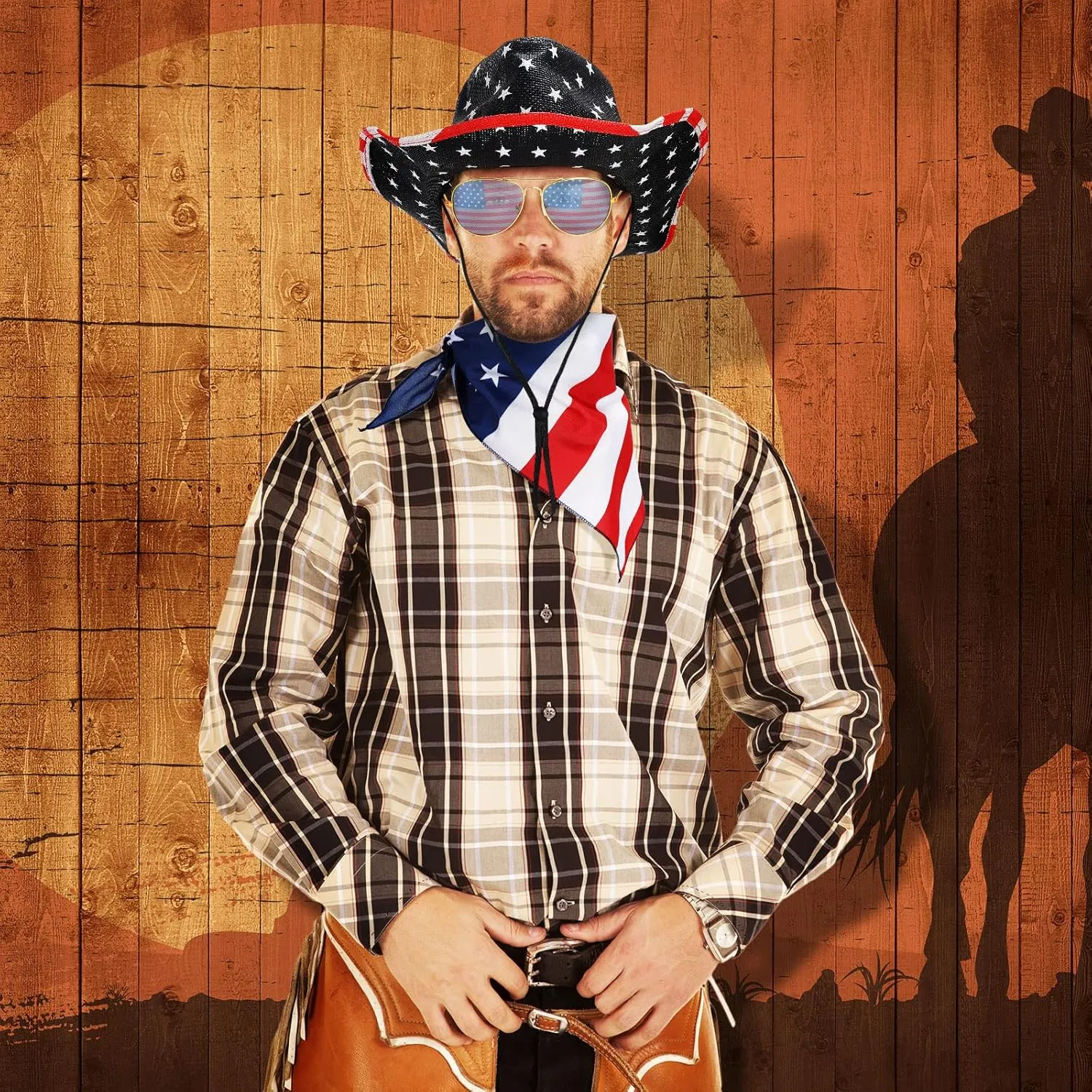 3 Pcs American Flag Cowboy Hat with Bandana and Glasses Outdoor USA Hats with Strap Western Party Memorial Day