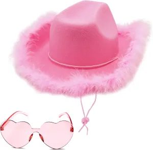4E's Novelty Cowboy Hat with feathers With Heart Shaped Sunglasses for Women, Felt Cowgirl Hat for Party Costume Dress Up