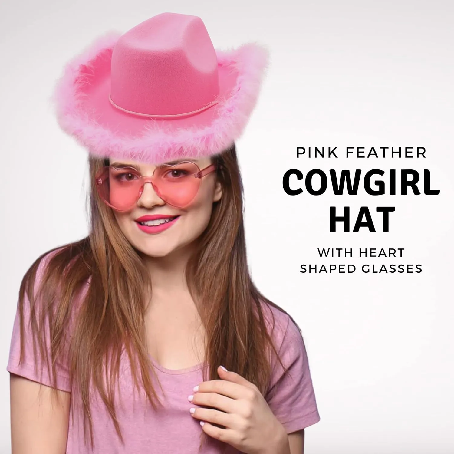4E's Novelty Cowboy Hat with feathers With Heart Shaped Sunglasses for Women, Felt Cowgirl Hat for Party Costume Dress Up