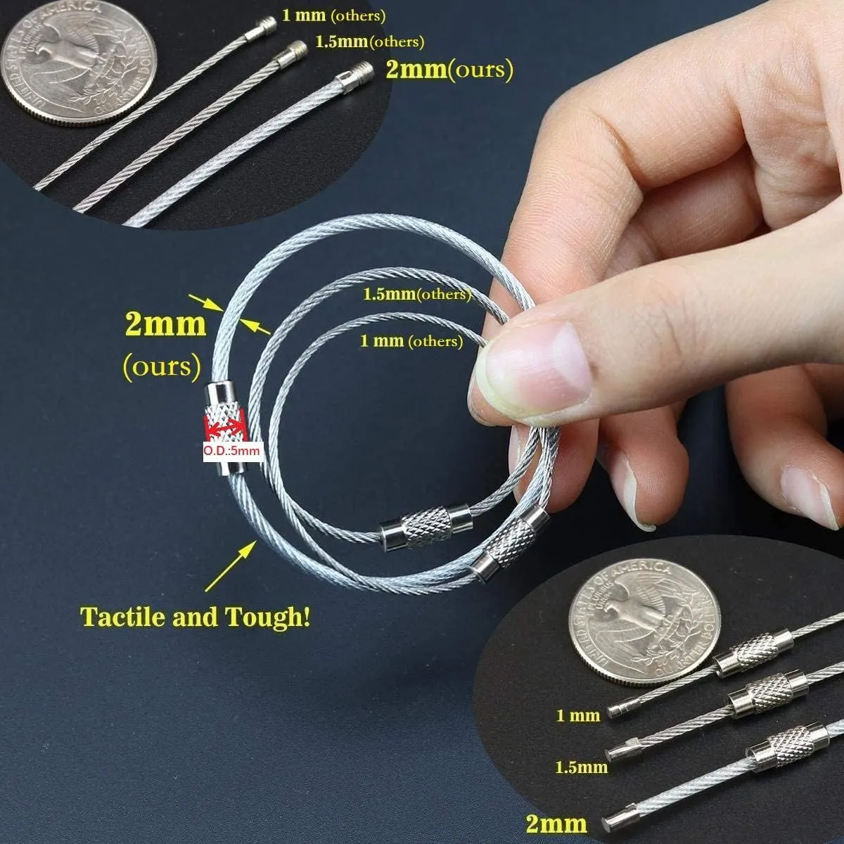 bayite Key Rings Stainless Steel Wire Keychains Lock Cable Heavy Duty Luggage Tags Loops Keepers 2mm Twist Barrel Pack of 12 (Cable length: 4 inches)