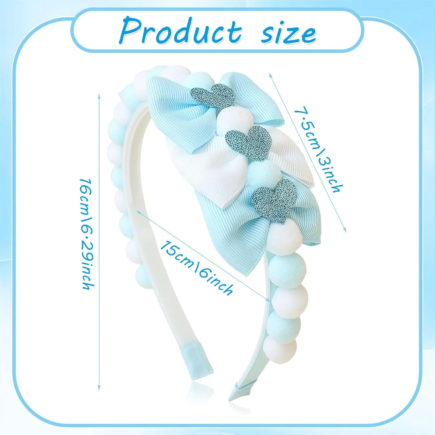 Blue Bow Headband Spring Summer Hair Accessories for Girls Women, Cute Bows Glitter Hearts Hair Band Non Slip Headbands Summer Outfit Party Supplies Decoration