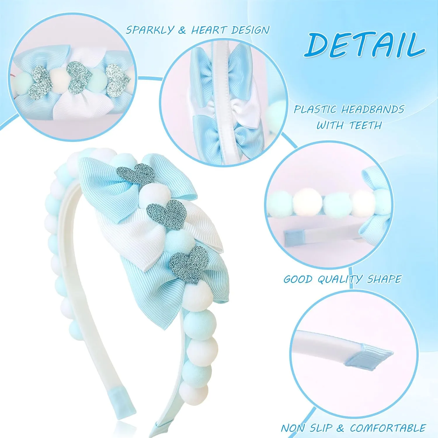 Blue Bow Headband Spring Summer Hair Accessories for Girls Women, Cute Bows Glitter Hearts Hair Band Non Slip Headbands Summer Outfit Party Supplies Decoration