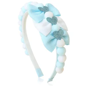 Blue Bow Headband Spring Summer Hair Accessories for Girls Women, Cute Bows Glitter Hearts Hair Band Non Slip Headbands Summer Outfit Party Supplies Decoration