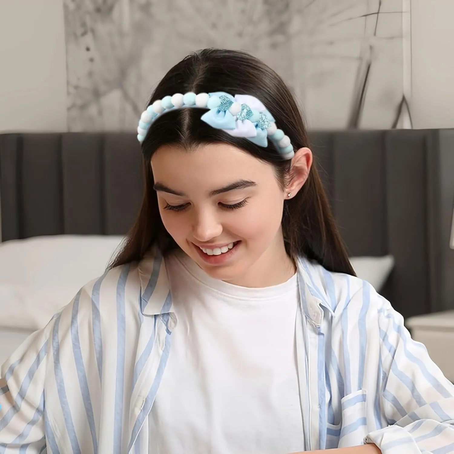 Blue Bow Headband Spring Summer Hair Accessories for Girls Women, Cute Bows Glitter Hearts Hair Band Non Slip Headbands Summer Outfit Party Supplies Decoration
