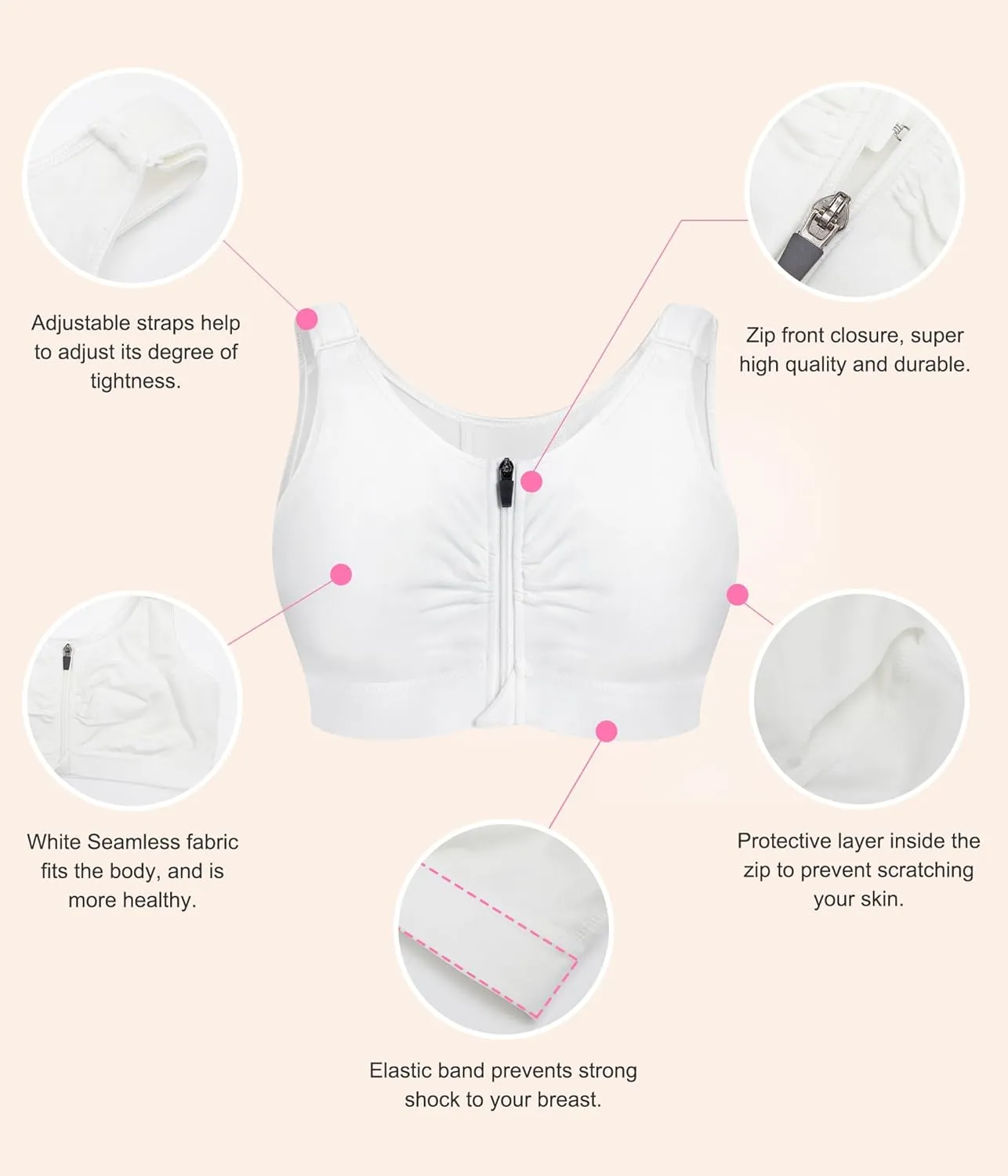 BRABIC Zip Front Closure Everyday Bra for Women Post Surgery Compression Support with Adjustable Straps Wirefree