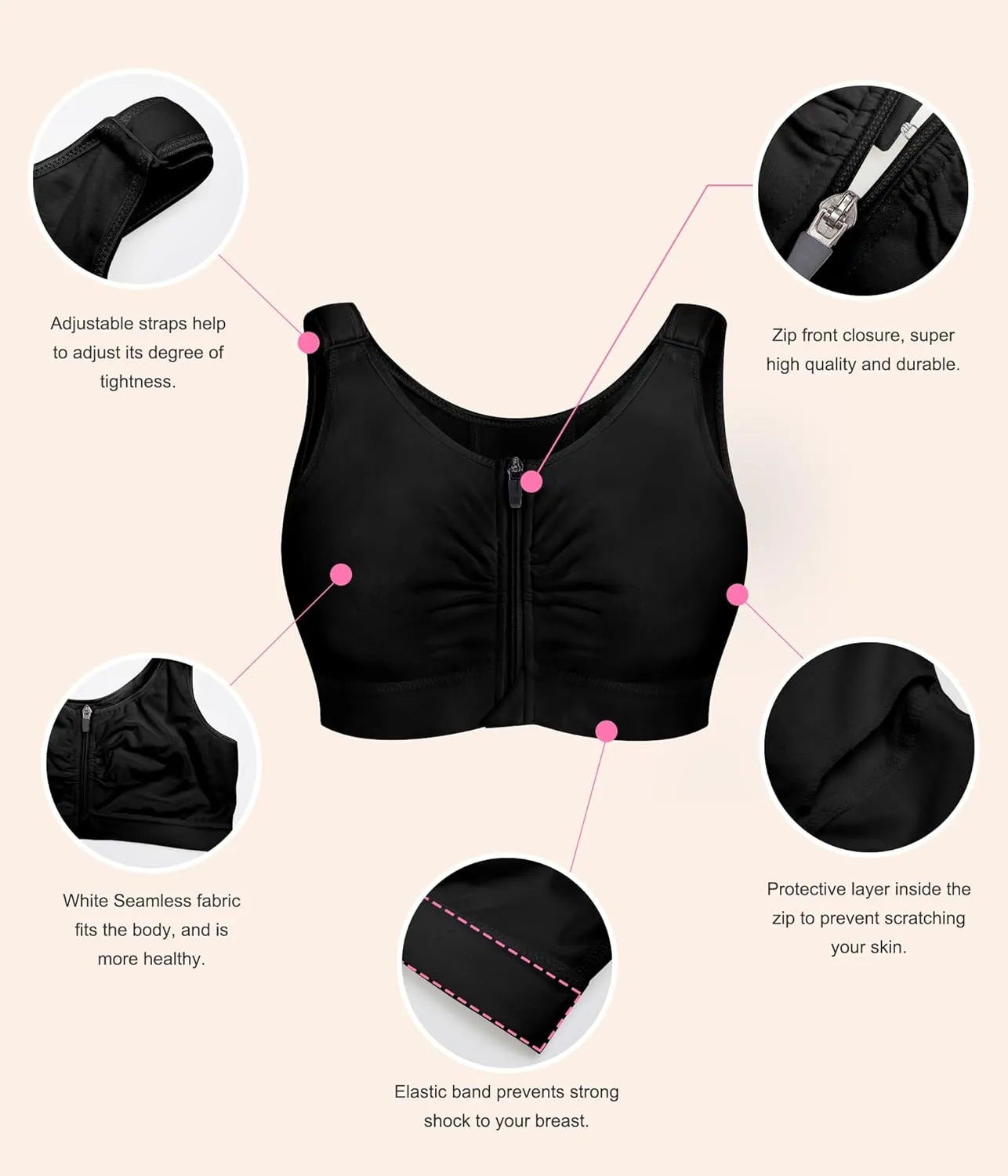 BRABIC Zip Front Closure Everyday Bra for Women Post Surgery Compression Support with Adjustable Straps Wirefree