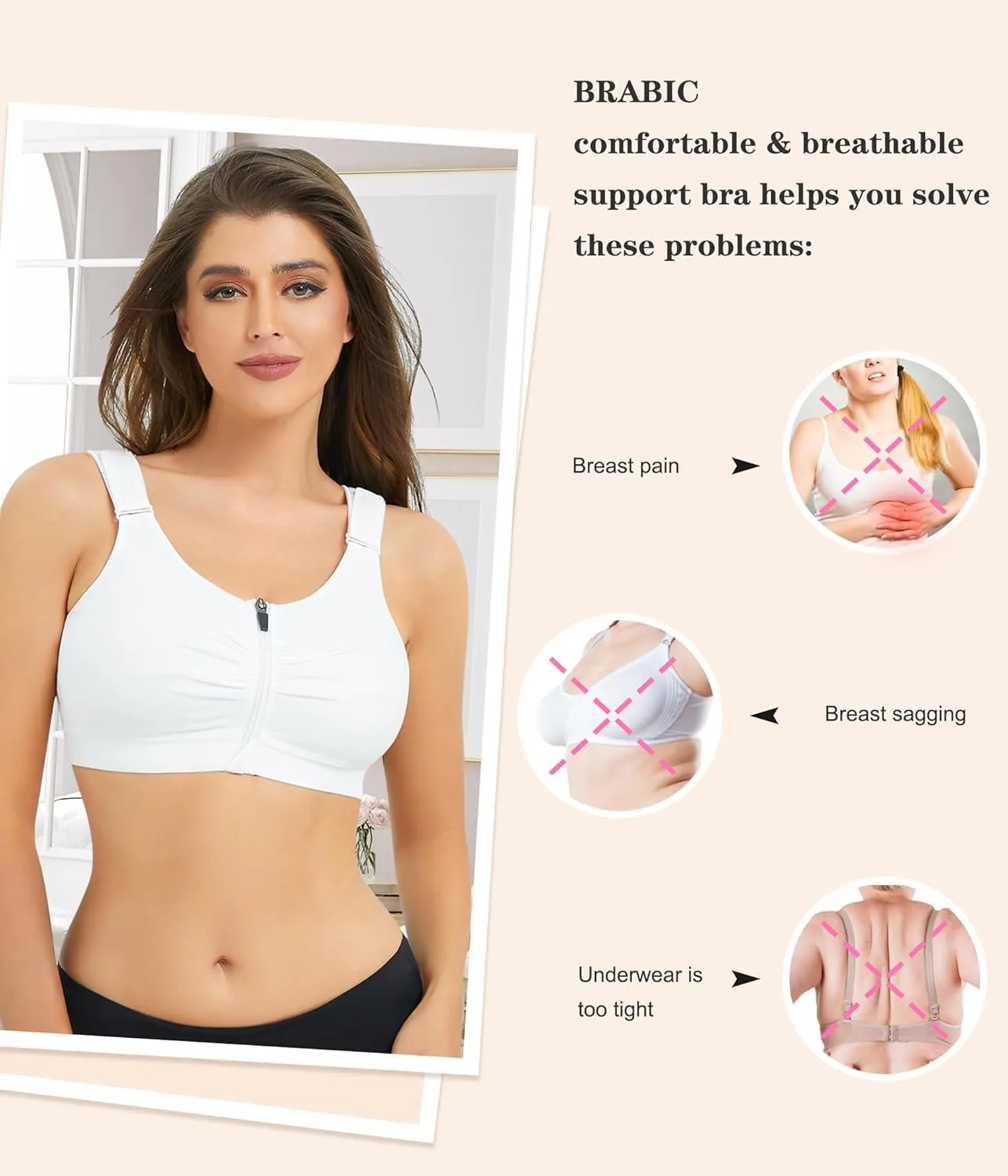 BRABIC Zip Front Closure Everyday Bra for Women Post Surgery Compression Support with Adjustable Straps Wirefree