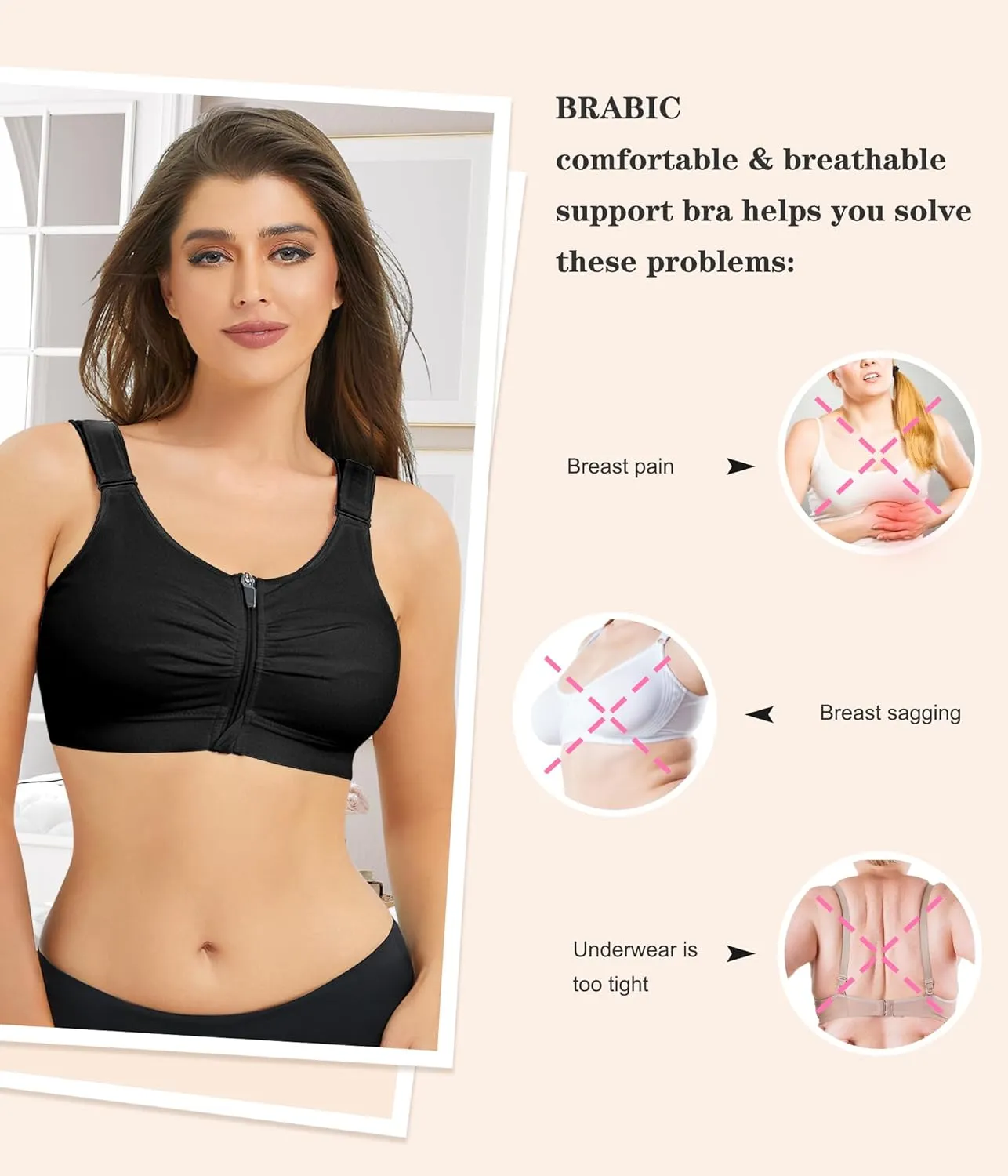 BRABIC Zip Front Closure Everyday Bra for Women Post Surgery Compression Support with Adjustable Straps Wirefree