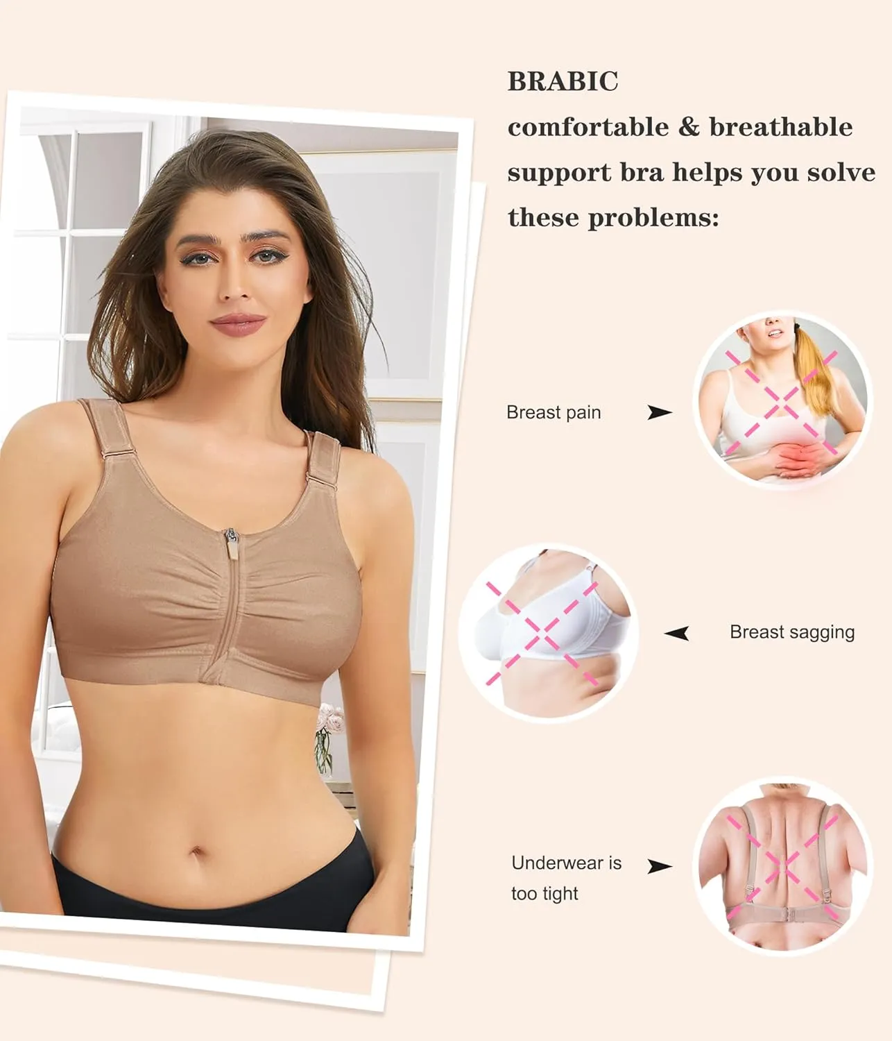 BRABIC Zip Front Closure Everyday Bra for Women Post Surgery Compression Support with Adjustable Straps Wirefree