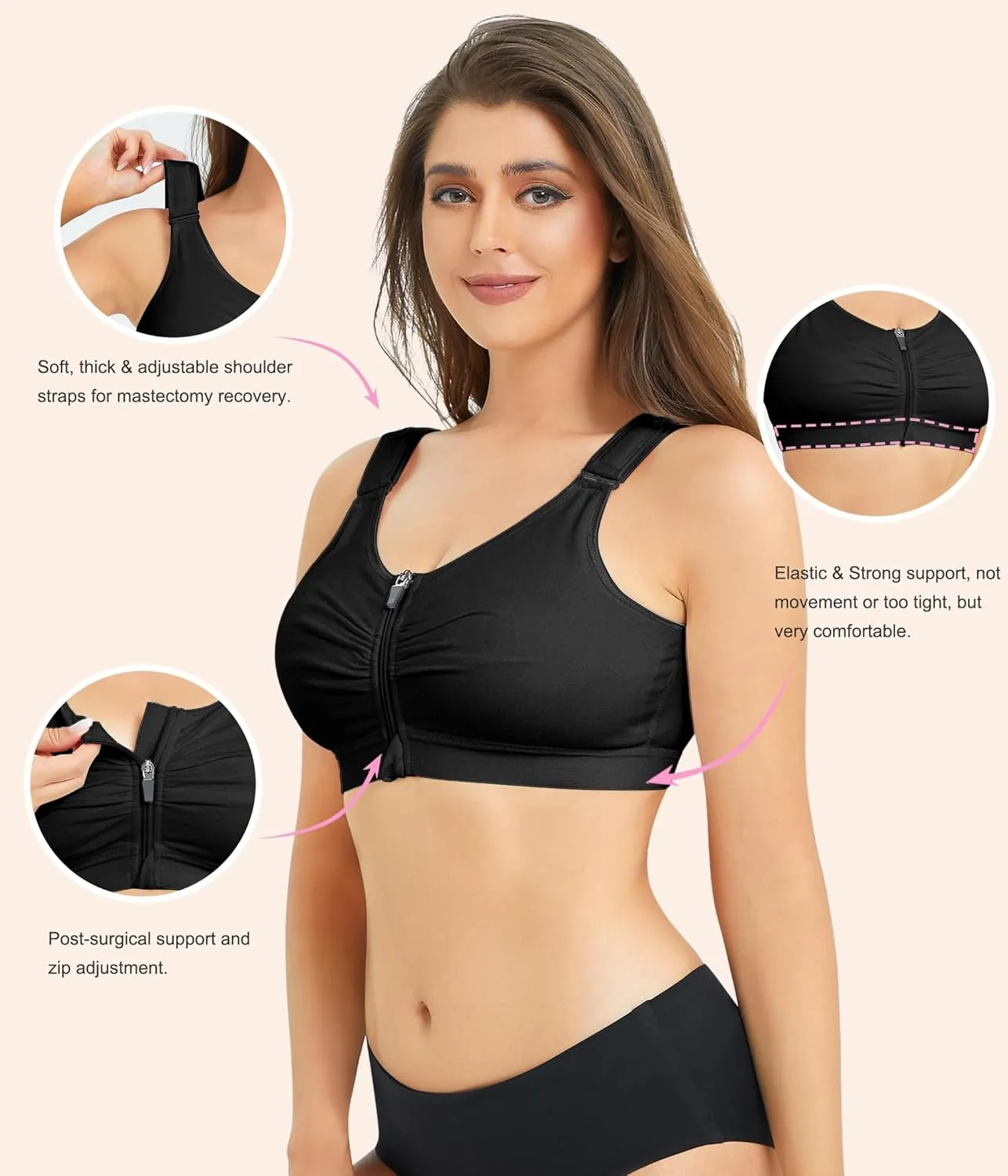 BRABIC Zip Front Closure Everyday Bra for Women Post Surgery Compression Support with Adjustable Straps Wirefree