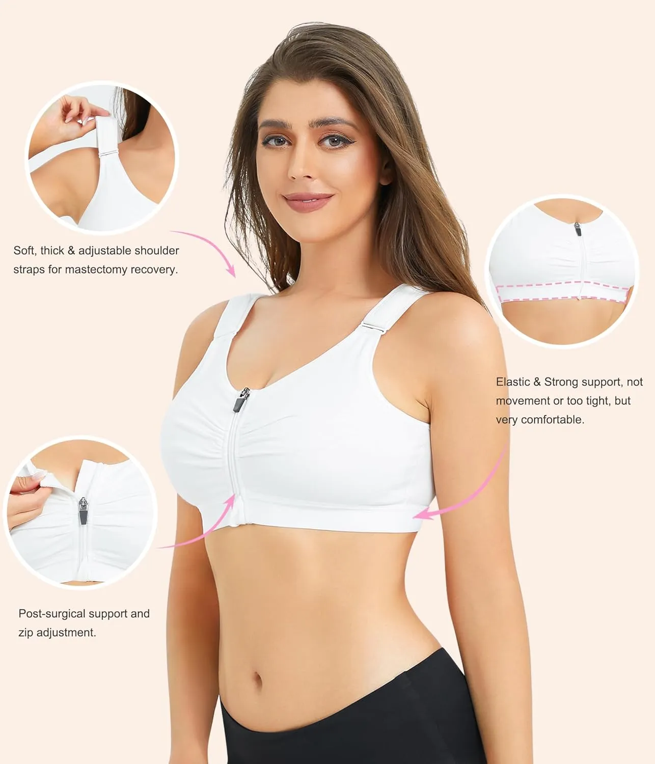 BRABIC Zip Front Closure Everyday Bra for Women Post Surgery Compression Support with Adjustable Straps Wirefree