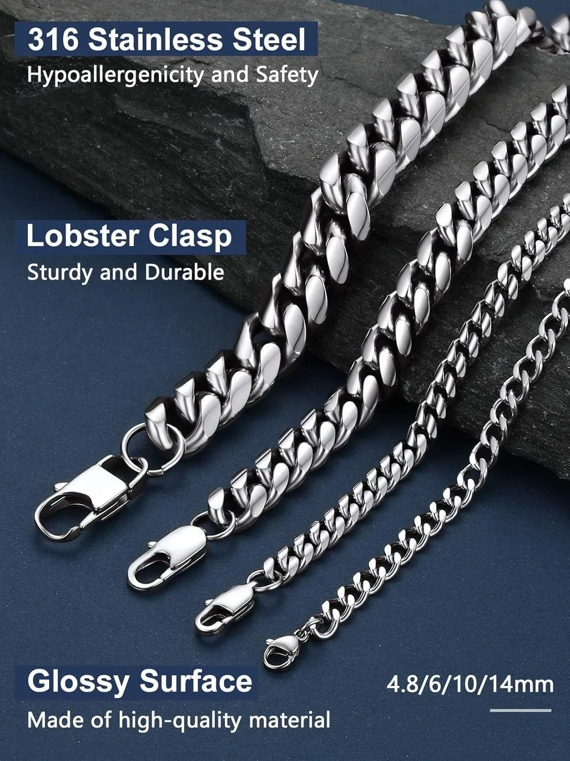 ChainsPro Men Chunky Miami Cuban Chain Necklace, Custom Available, 4.8/6/10/14mm Width, 18/20/22/24/26/28/30inch Length, Gold Plated/Stainless Steel/Black, Send Gift Box