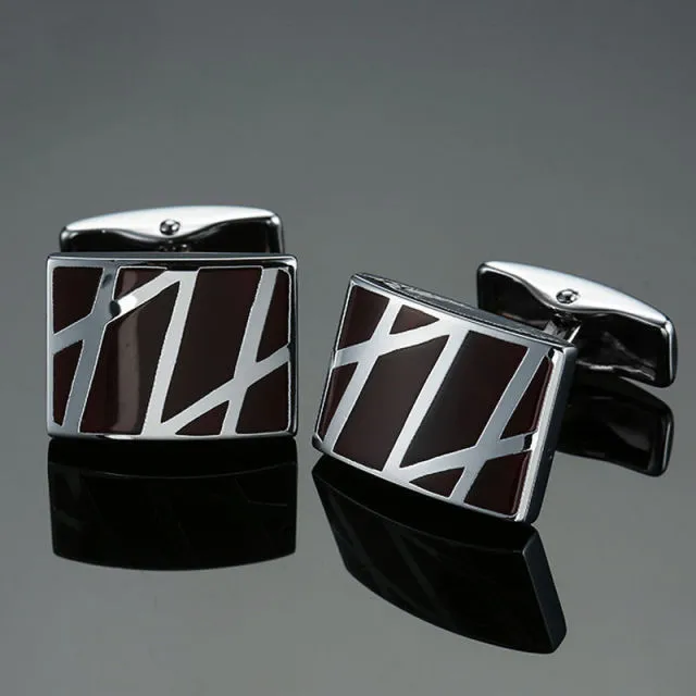 Copper quality enamel square stripes gold silvery black flower cufflinks