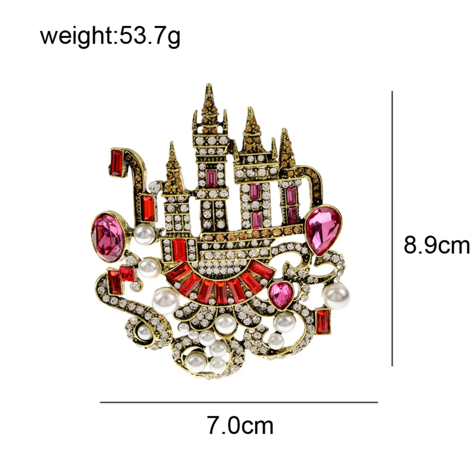Fairy tale castle brooch vintage look stunning diamonte gold plated pin jjj56