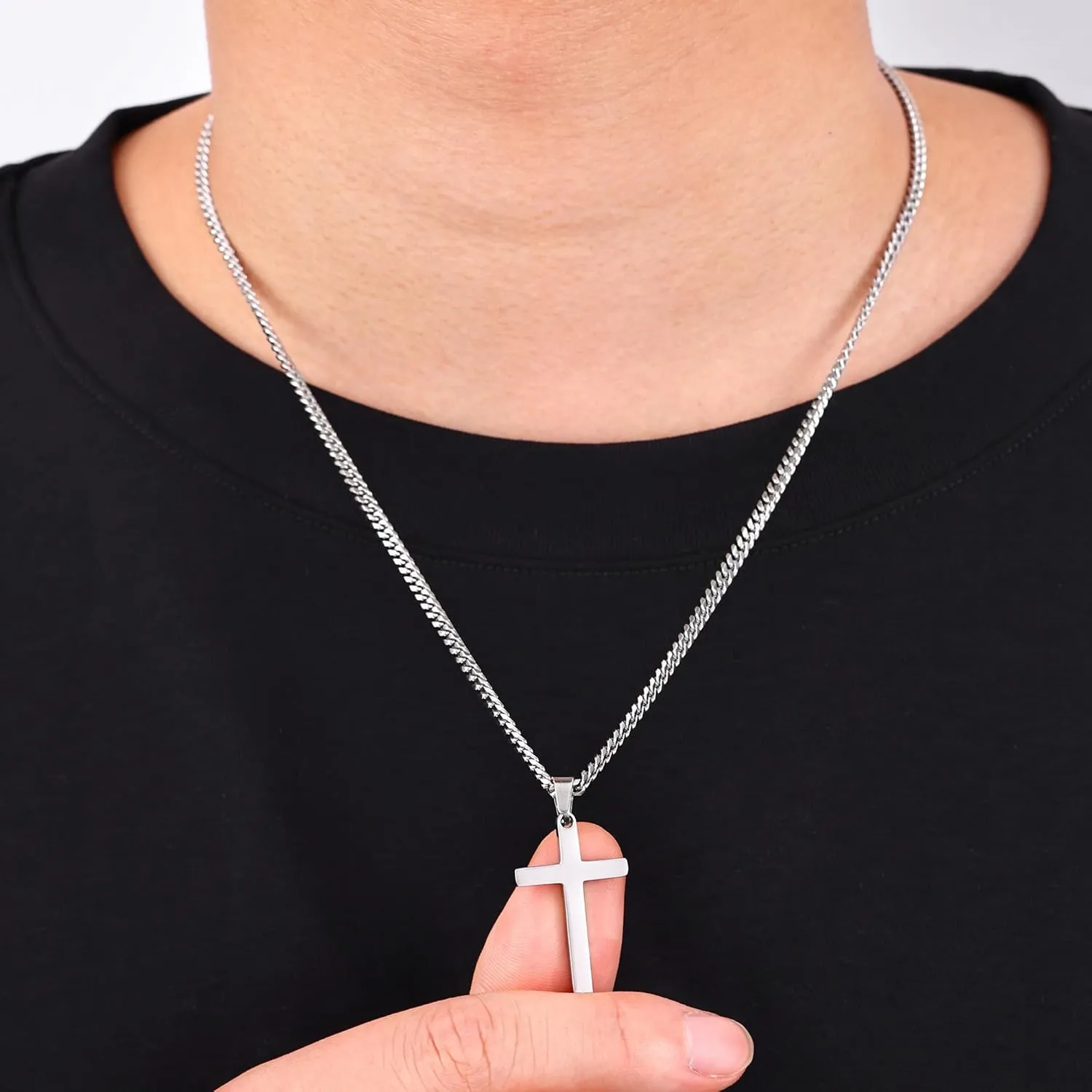 Fiusem Cross Necklace for Men, Silver Tone Mens Cross Necklaces with 3.5mm Chain and Stainless Steel Pendant, Cuban Chain 16-24 Inches