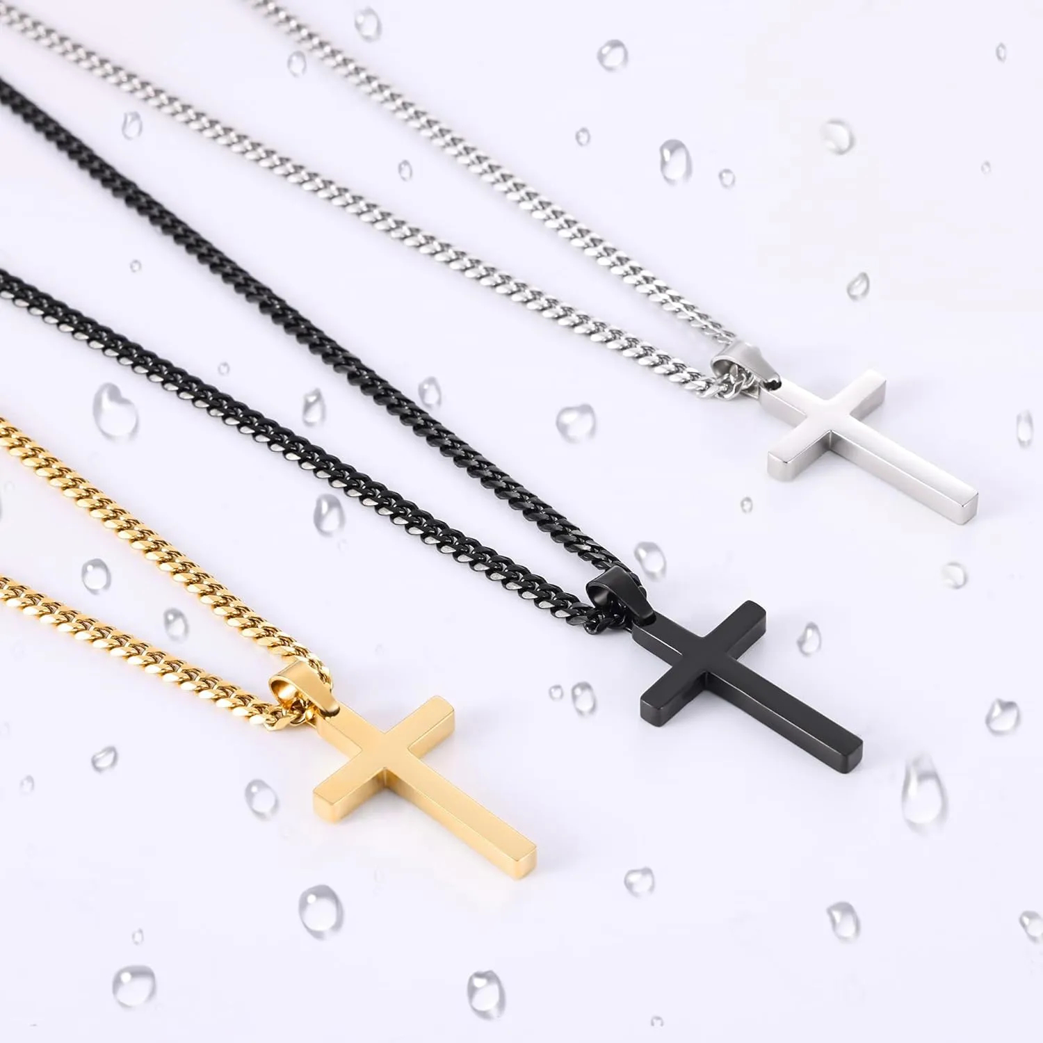 Fiusem Cross Necklace for Men, Silver Tone Mens Cross Necklaces with 3.5mm Chain and Stainless Steel Pendant, Cuban Chain 16-24 Inches