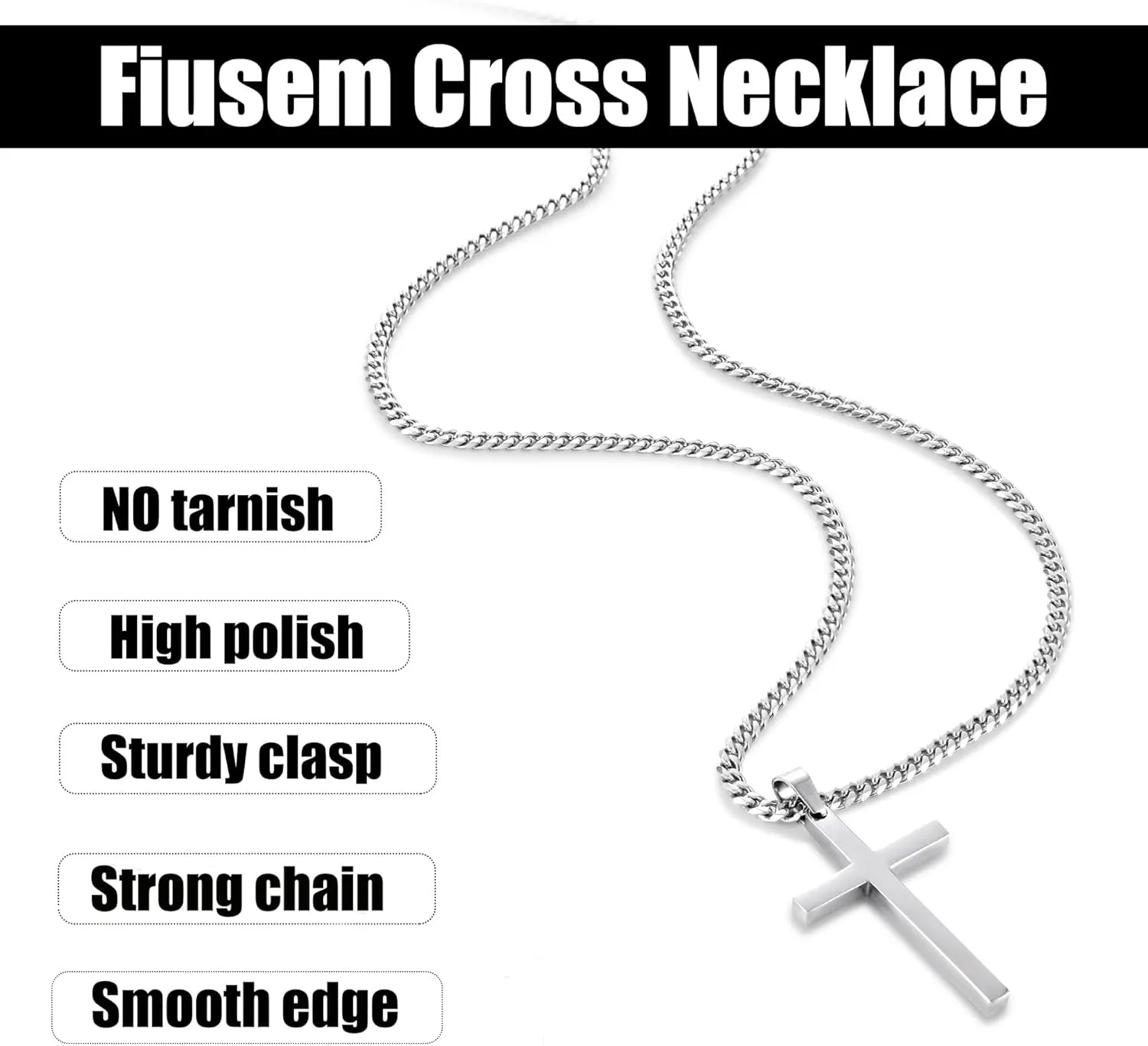 Fiusem Cross Necklace for Men, Silver Tone Mens Cross Necklaces with 3.5mm Chain and Stainless Steel Pendant, Cuban Chain 16-24 Inches