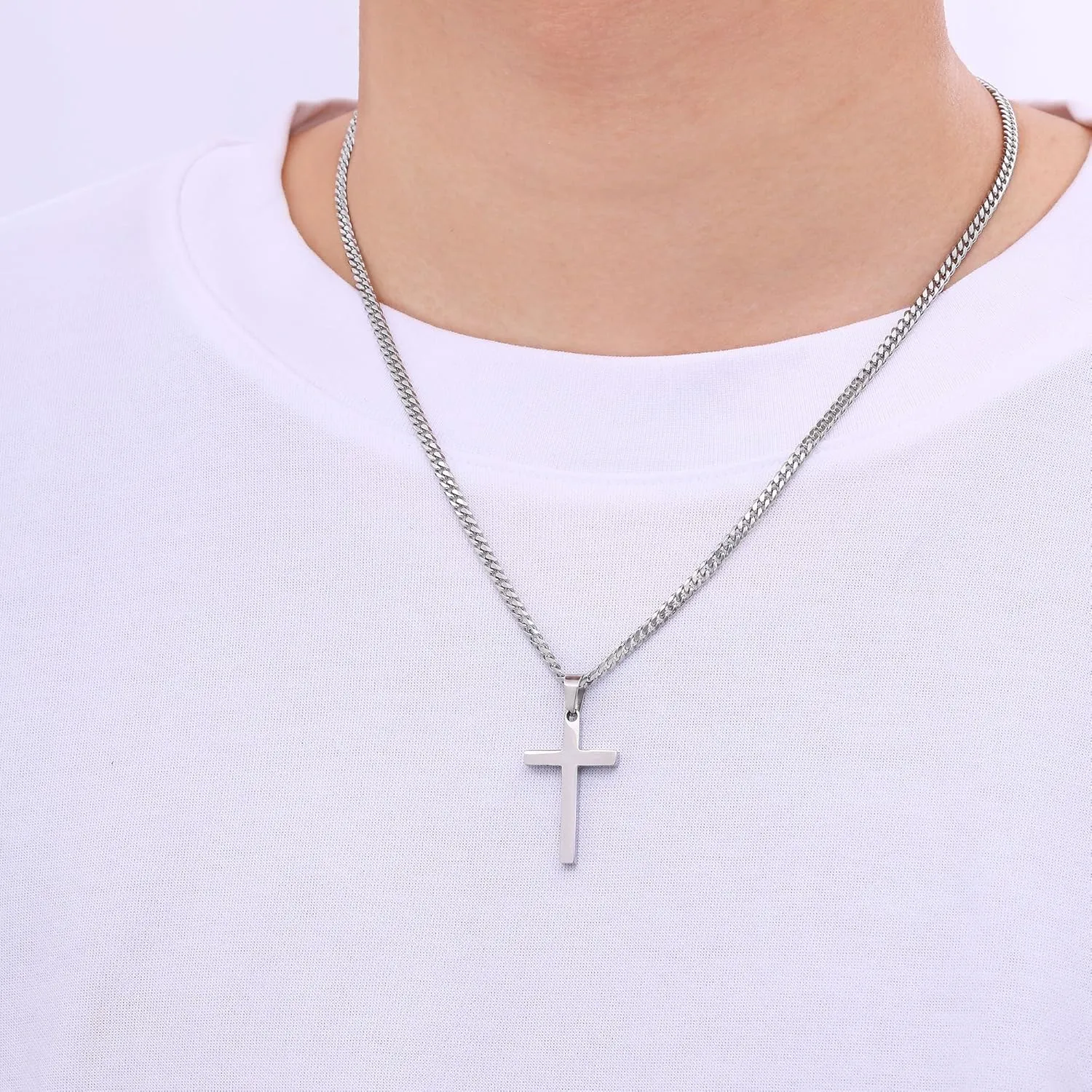 Fiusem Cross Necklace for Men, Silver Tone Mens Cross Necklaces with 3.5mm Chain and Stainless Steel Pendant, Cuban Chain 16-24 Inches