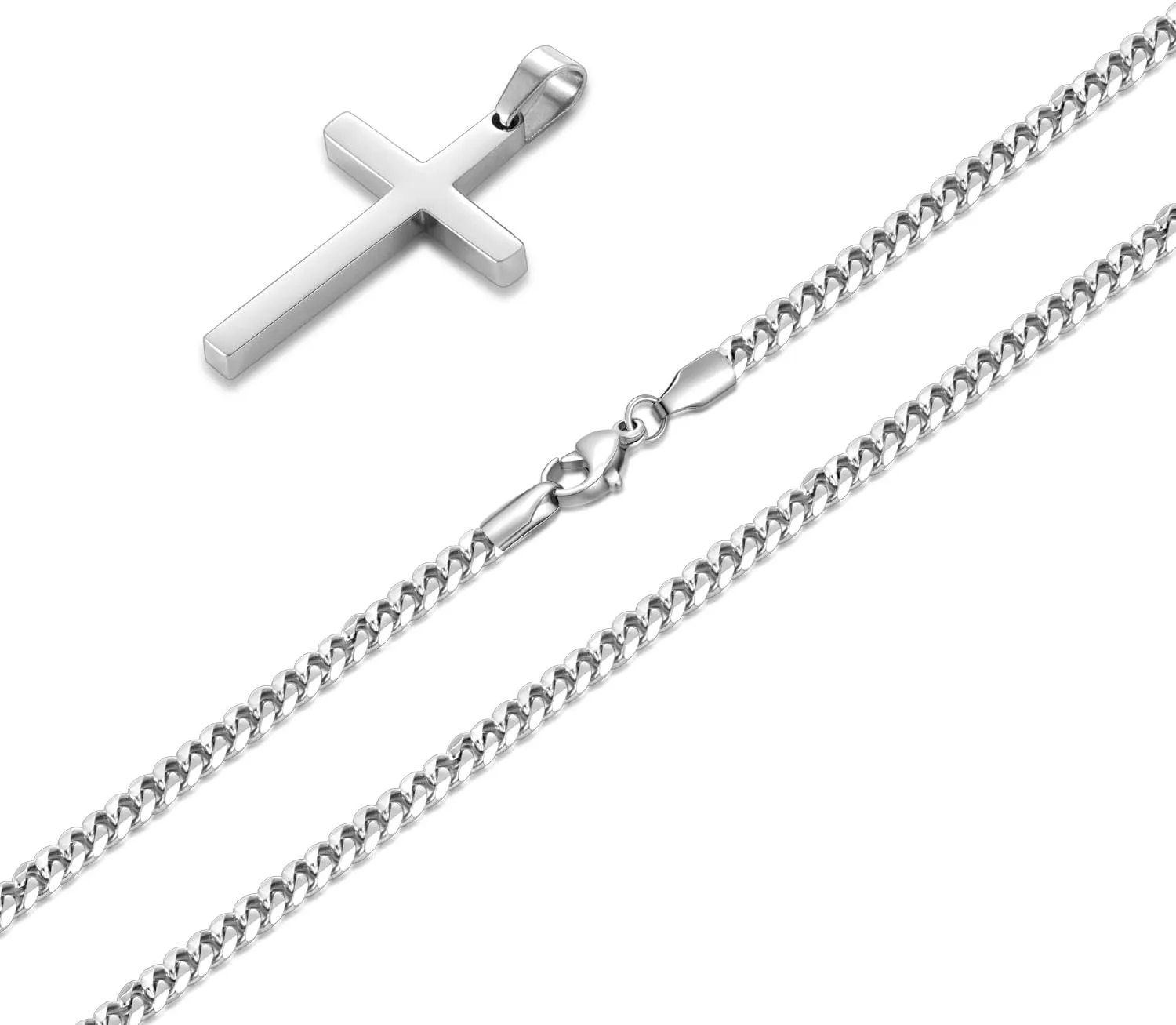 Fiusem Cross Necklace for Men, Silver Tone Mens Cross Necklaces with 3.5mm Chain and Stainless Steel Pendant, Cuban Chain 16-24 Inches
