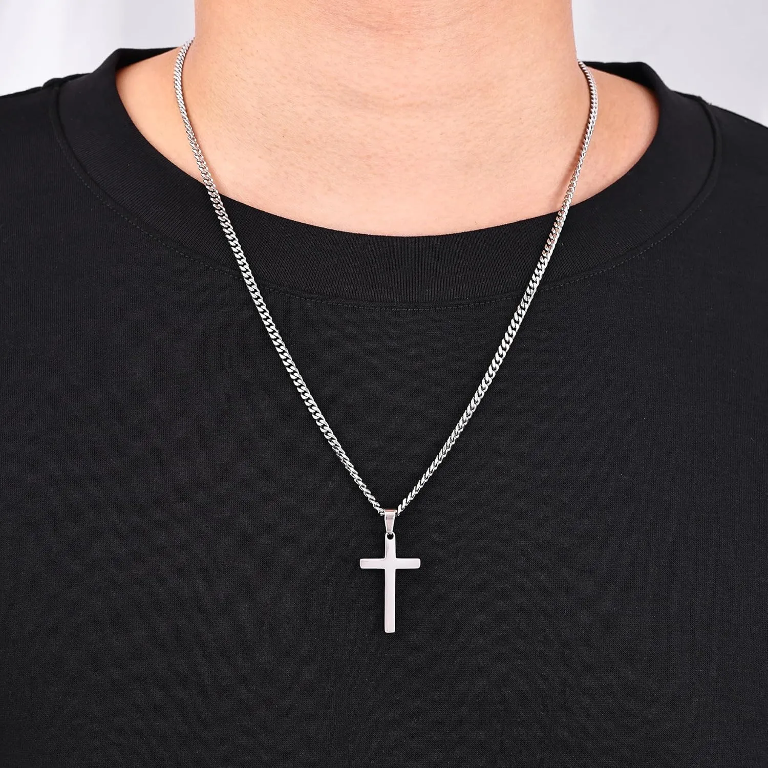 Fiusem Cross Necklace for Men, Silver Tone Mens Cross Necklaces with 3.5mm Chain and Stainless Steel Pendant, Cuban Chain 16-24 Inches