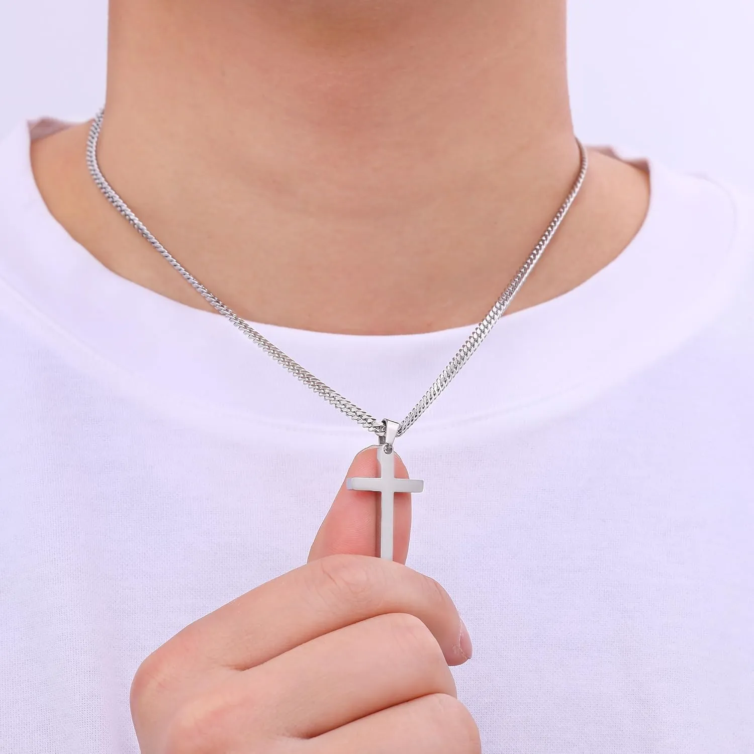 Fiusem Cross Necklace for Men, Silver Tone Mens Cross Necklaces with 3.5mm Chain and Stainless Steel Pendant, Cuban Chain 16-24 Inches