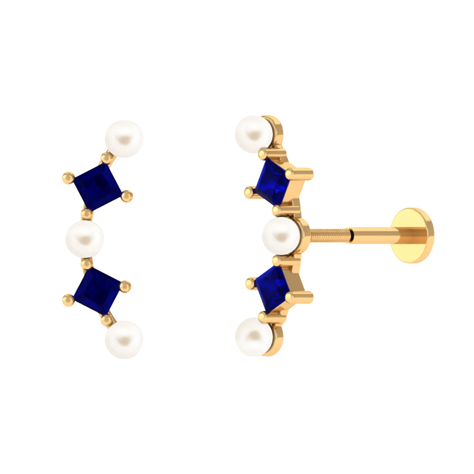 Freshwater Pearl Crawler Earring for Helix Piercing with Sapphire