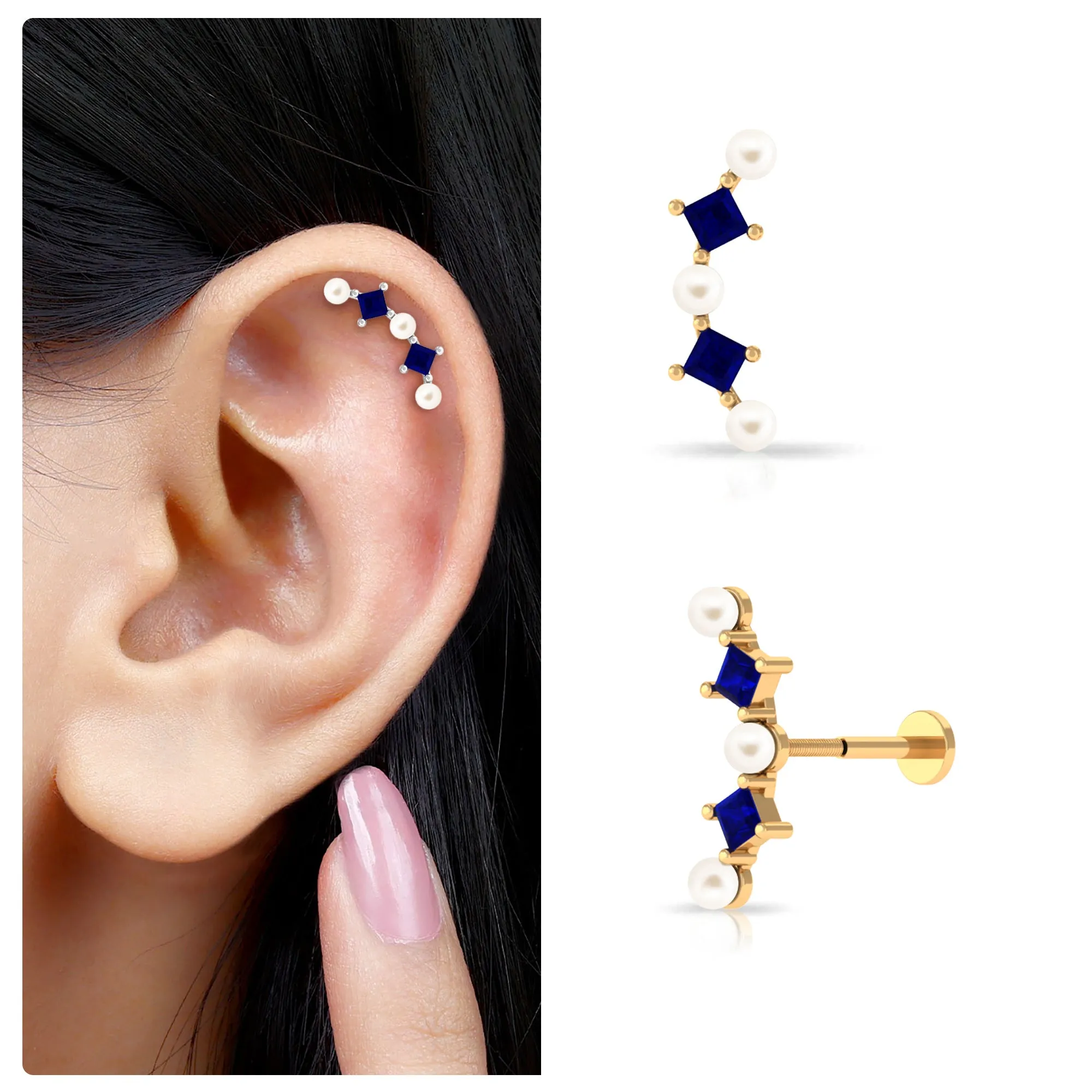 Freshwater Pearl Crawler Earring for Helix Piercing with Sapphire