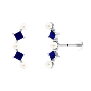 Freshwater Pearl Crawler Earring for Helix Piercing with Sapphire