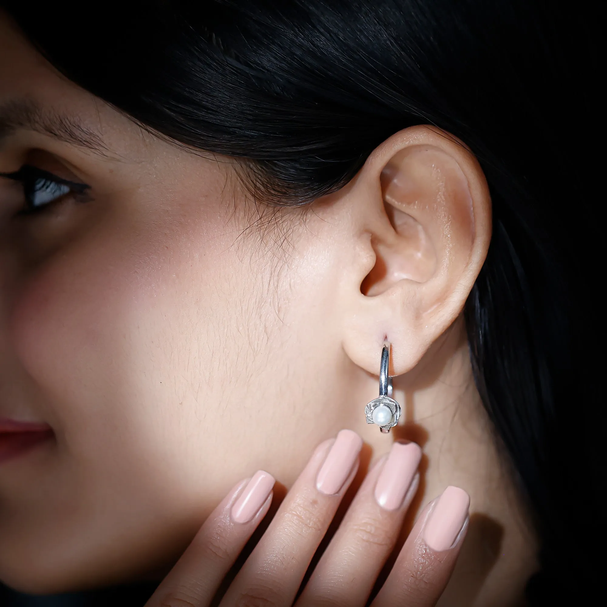 Freshwater Pearl Flower Silver Hoop Earrings