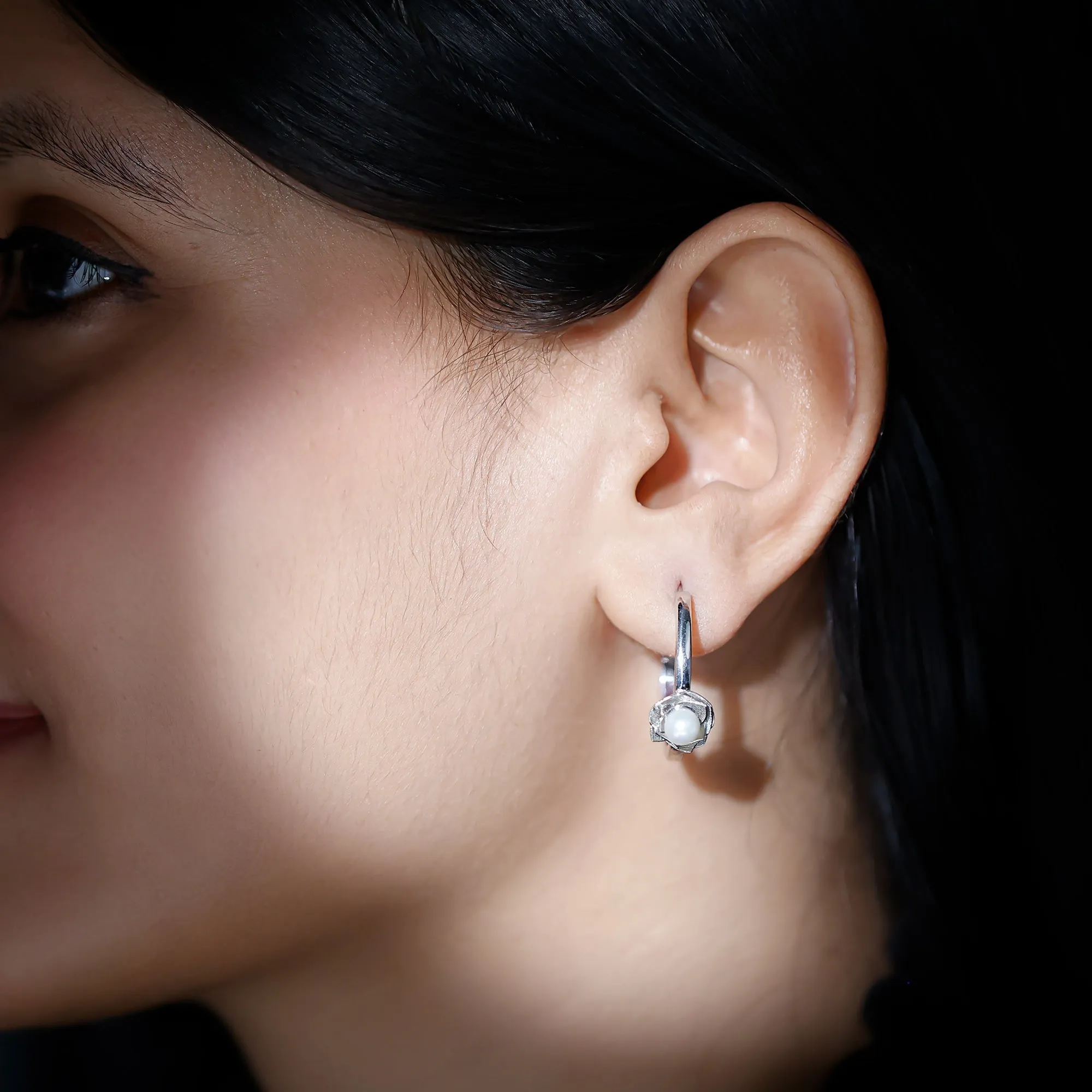 Freshwater Pearl Flower Silver Hoop Earrings