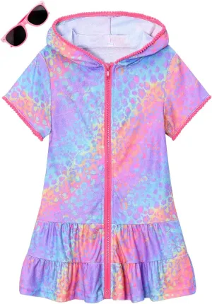 Girls Swim Cover Up Terry Swimsuit Coverup Kids Zip-Up Beach Pool Bathing Suit Wraps with Sunglasses