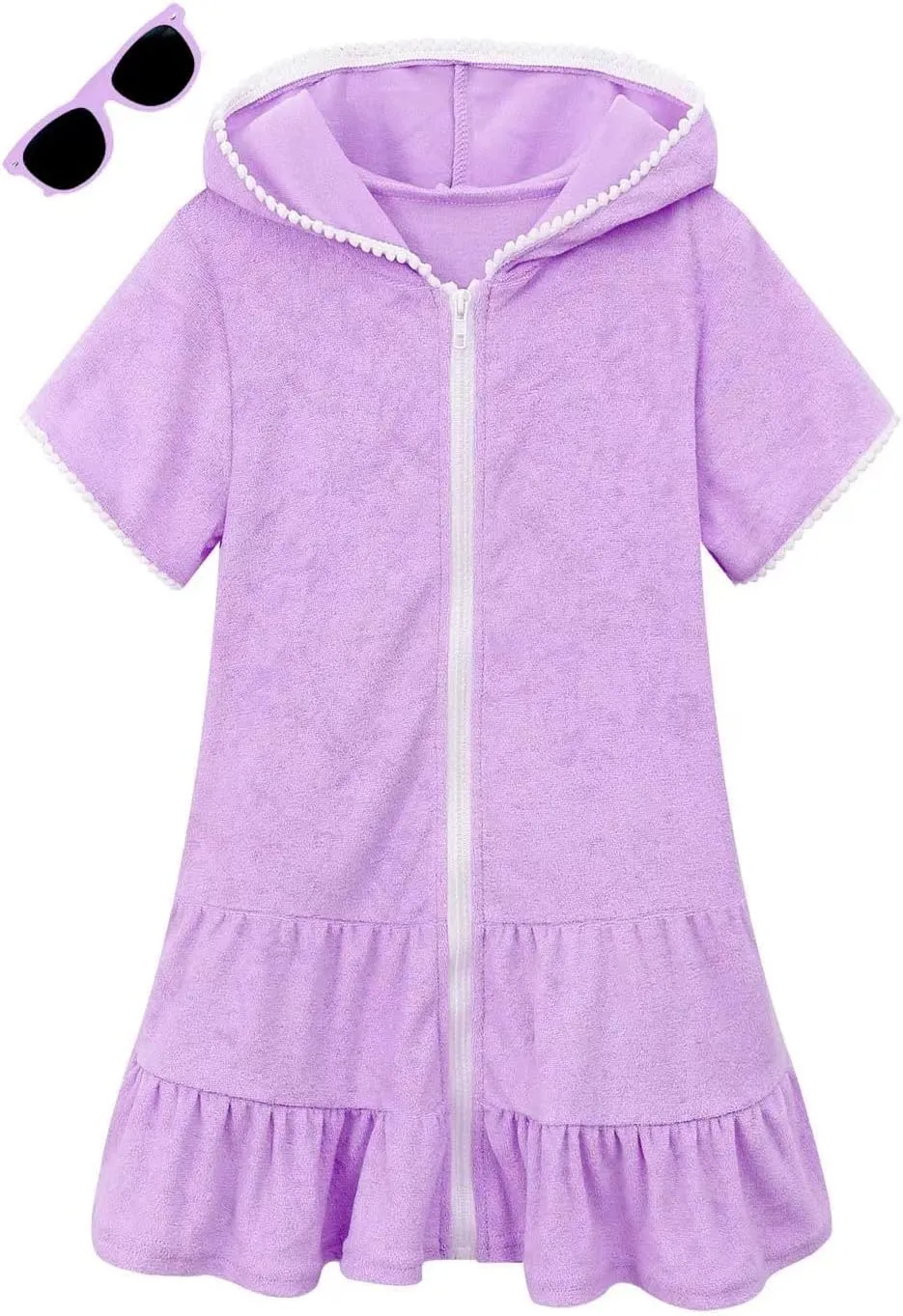 Girls Swim Cover Up Terry Swimsuit Coverup Kids Zip-Up Beach Pool Bathing Suit Wraps with Sunglasses