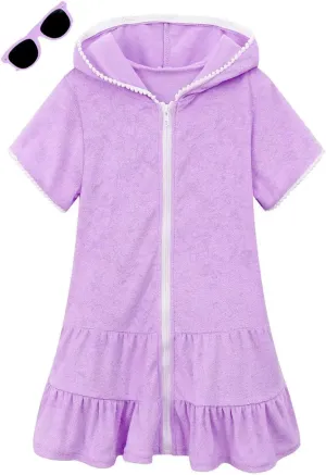 Girls Swim Cover Up Terry Swimsuit Coverup Kids Zip-Up Beach Pool Bathing Suit Wraps with Sunglasses