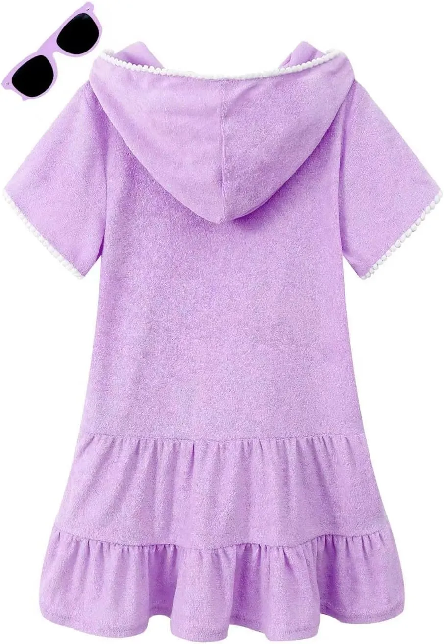 Girls Swim Cover Up Terry Swimsuit Coverup Kids Zip-Up Beach Pool Bathing Suit Wraps with Sunglasses