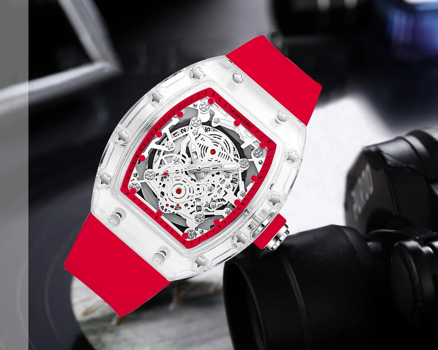 Gosasa Fashion Hollowed Men Watches Tonneau Transparent Analog Display Silicone Strap Calendar Quartz Waterproof Trend Male Wrist Watch