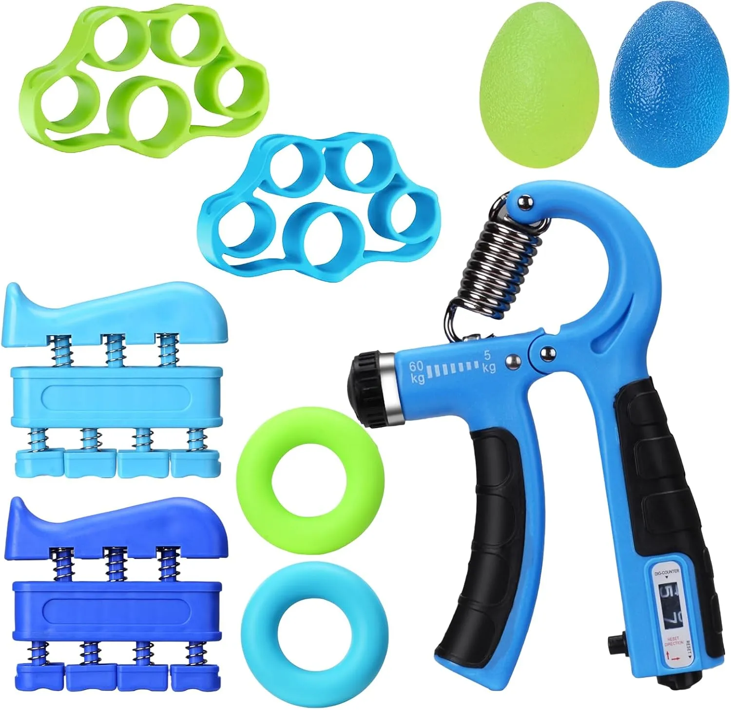Grip Strength Trainer Kit 9 Pack with Forearm Strengthener, Countable Hand Grip Strengthener,Hand Extension Exerciser, Stress Relief Ball, Grip Ring