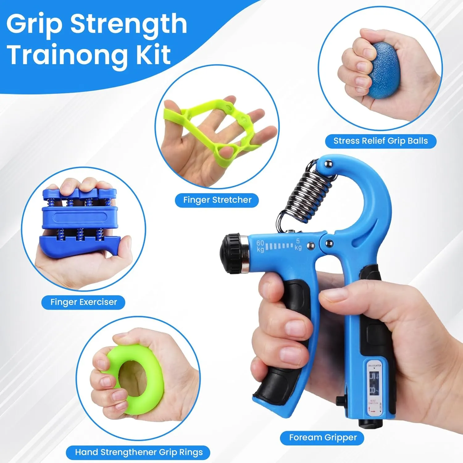 Grip Strength Trainer Kit 9 Pack with Forearm Strengthener, Countable Hand Grip Strengthener,Hand Extension Exerciser, Stress Relief Ball, Grip Ring