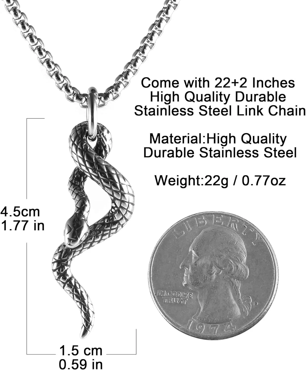 HZMAN Gothic Jewelry Men's Stainless Steel Animal Snake Pendant Chain Necklace