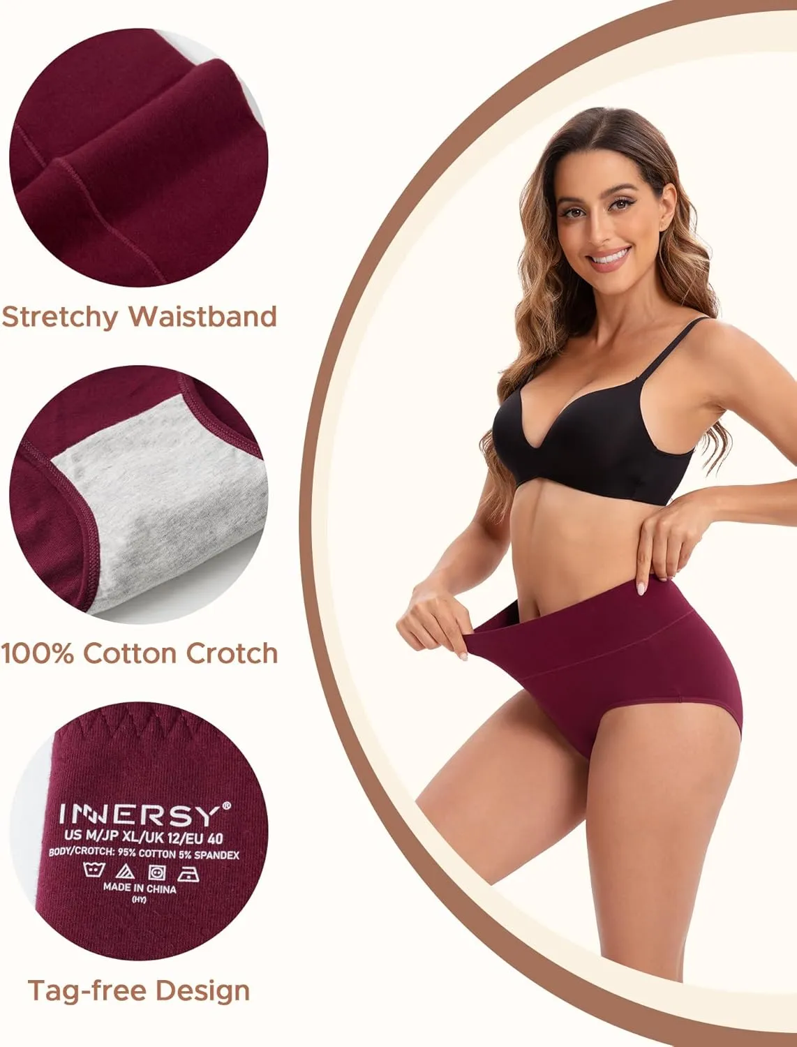 INNERSY Women's High Waisted Underwear Cotton Panties Regular & Plus Size 5-Pack