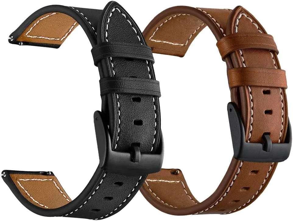 LDFAS Leather Band for Galaxy Watch 7/6 Classic 47mm 43mm/5 Pro 45mm Bands, 20mm Watch Strap Compatible for Samsung Galaxy Watch FE/7/6/5/4 40mm 44mm/4 Classic 46mm Band,Brown Black(2 Pack)
