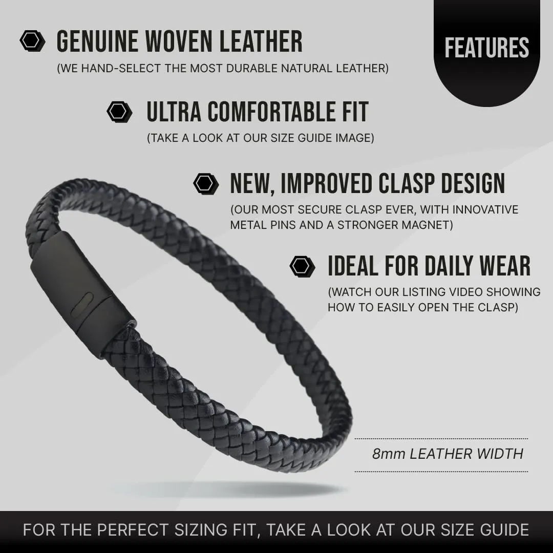 LUXAR Mens Genuine Leather Bracelet | Interwoven Black Leather Bracelets with Brush Stainless Steel Clasp | Minimalist, Designer Jewelry for Men