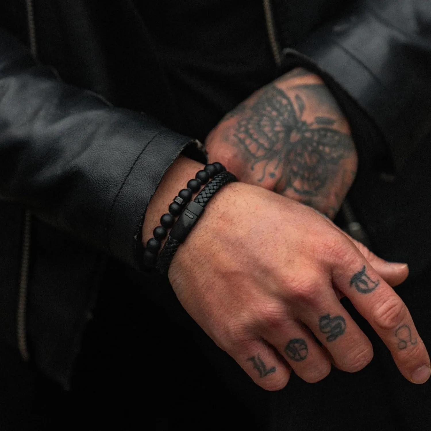 LUXAR Mens Genuine Leather Bracelet | Interwoven Black Leather Bracelets with Brush Stainless Steel Clasp | Minimalist, Designer Jewelry for Men