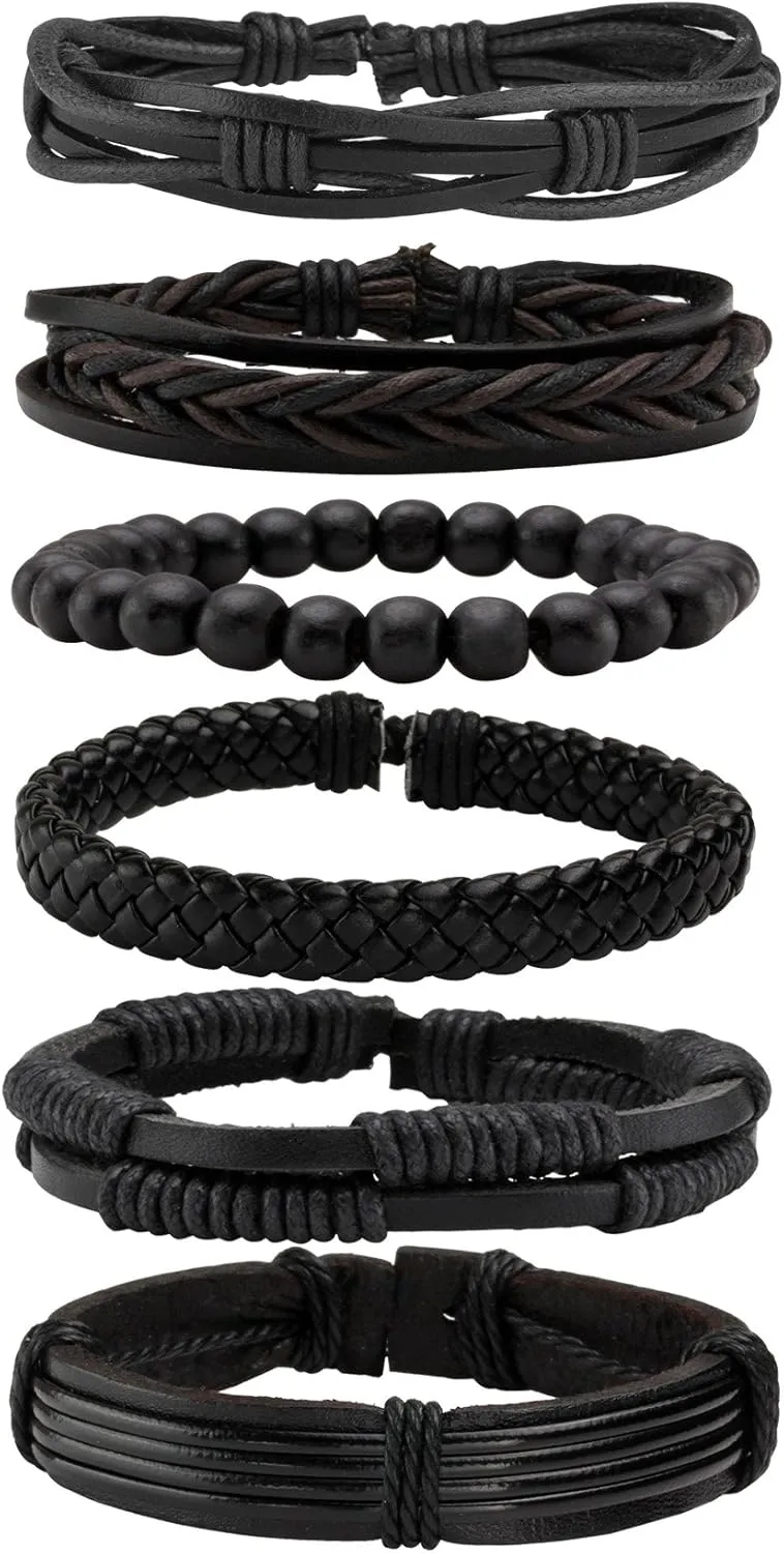 MILAKOO 6 Pcs Punk Braided Leather Bracelets for Men Women Cuff Wrap Wristbands Adjustable